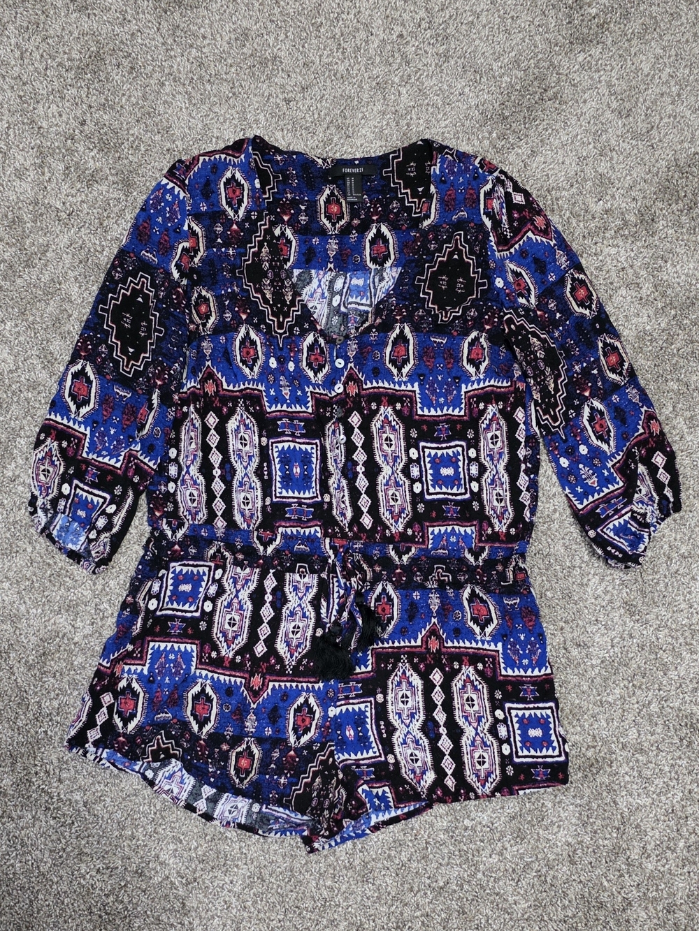 Forever 21 Blue and Black Aztec Print Shorts Romper